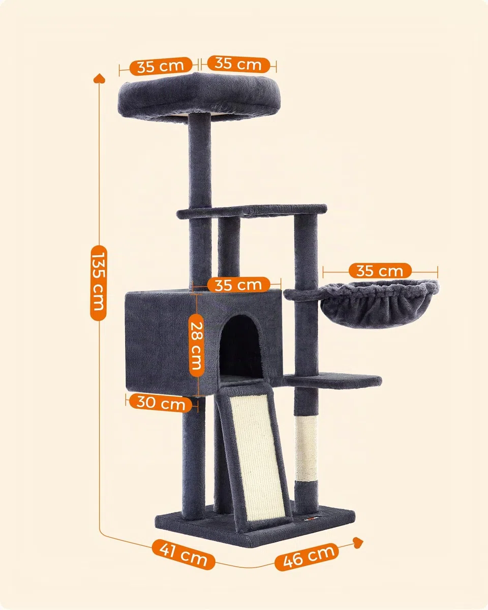 FEANDREA Albero per Gatti, Tiragraffi Piccolo da 135 cm, Condominio per Gatti in Peluche a più Livelli con Copertura per Trespolo Rimovibile Lavabile, Graffiatoio, Cesto, Grotta, Grigio Scuro