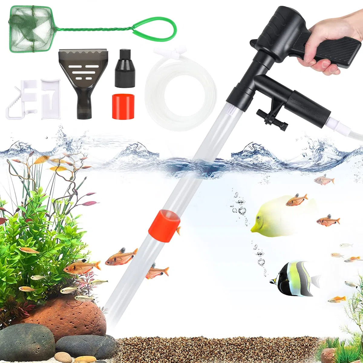 Aspirapolvere per Acquario, Sifone Aspirarifiuti Kit per la Pulizia della Ghiaia dell’Acquario con Ugello Lungo, Pompa Sifone Acquario per Pulizia Fondo Acquario