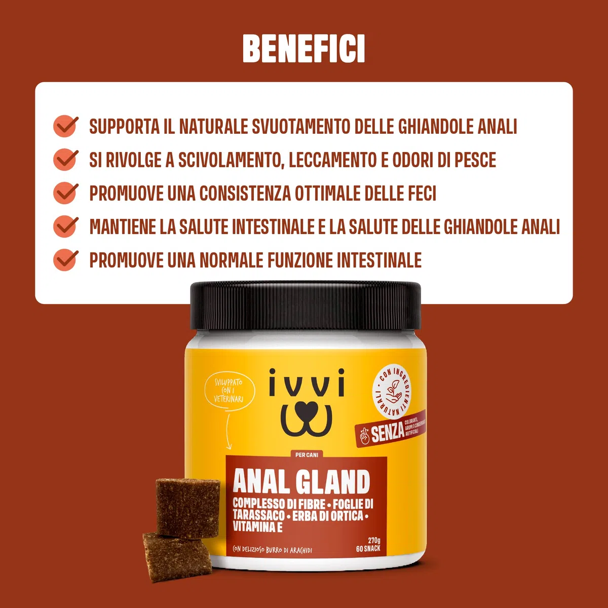 ivvi Anal Gland - Snack per supportare la Salute delle ghiandole Anali dei Cani. Contiene Zucca, psyllium, Lino, tarassaco, ortica e prebiotici. 60 Snack (270g) a Base di Burro di Arachidi