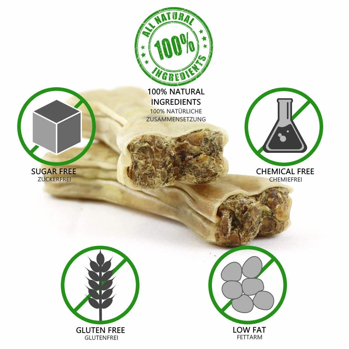 Ossa da masticare DOGBOSS a base di ingredienti naturali al 100% per i cuccioli a partire dalla 16° settimana della vita e cani anziani in varie dimensioni e gusti (5 con rumine, 17 cm)