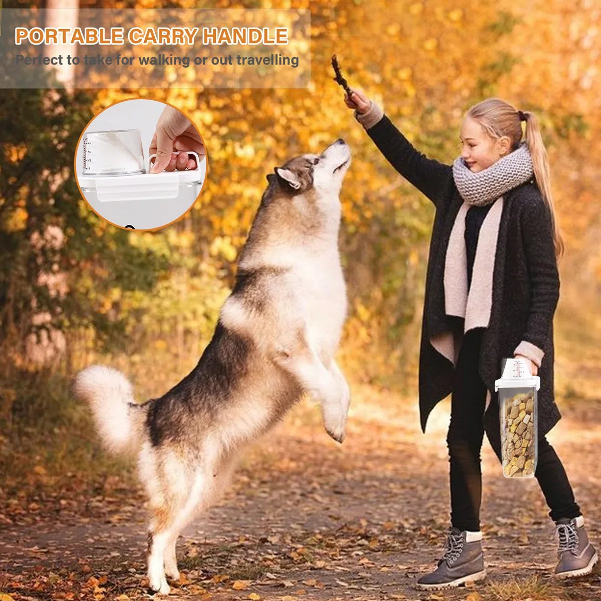 Geyecete Contenitore per Alimenti per Cani 2,5 L, Portatile Contenitore Crocchette per Cane in Plastica Trasparente, Scatola per Crocchette per Cani Ermetici, con Tazza di misurazione