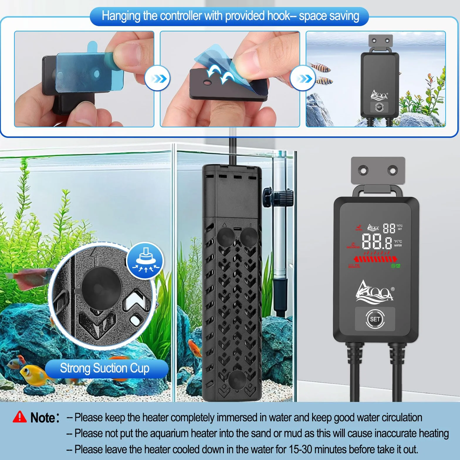 AQQA Riscaldatore per acquario, 500 W, barra riscaldante regolabile per acquari, con display digitale esterno, controller LED per 100 – 300 l