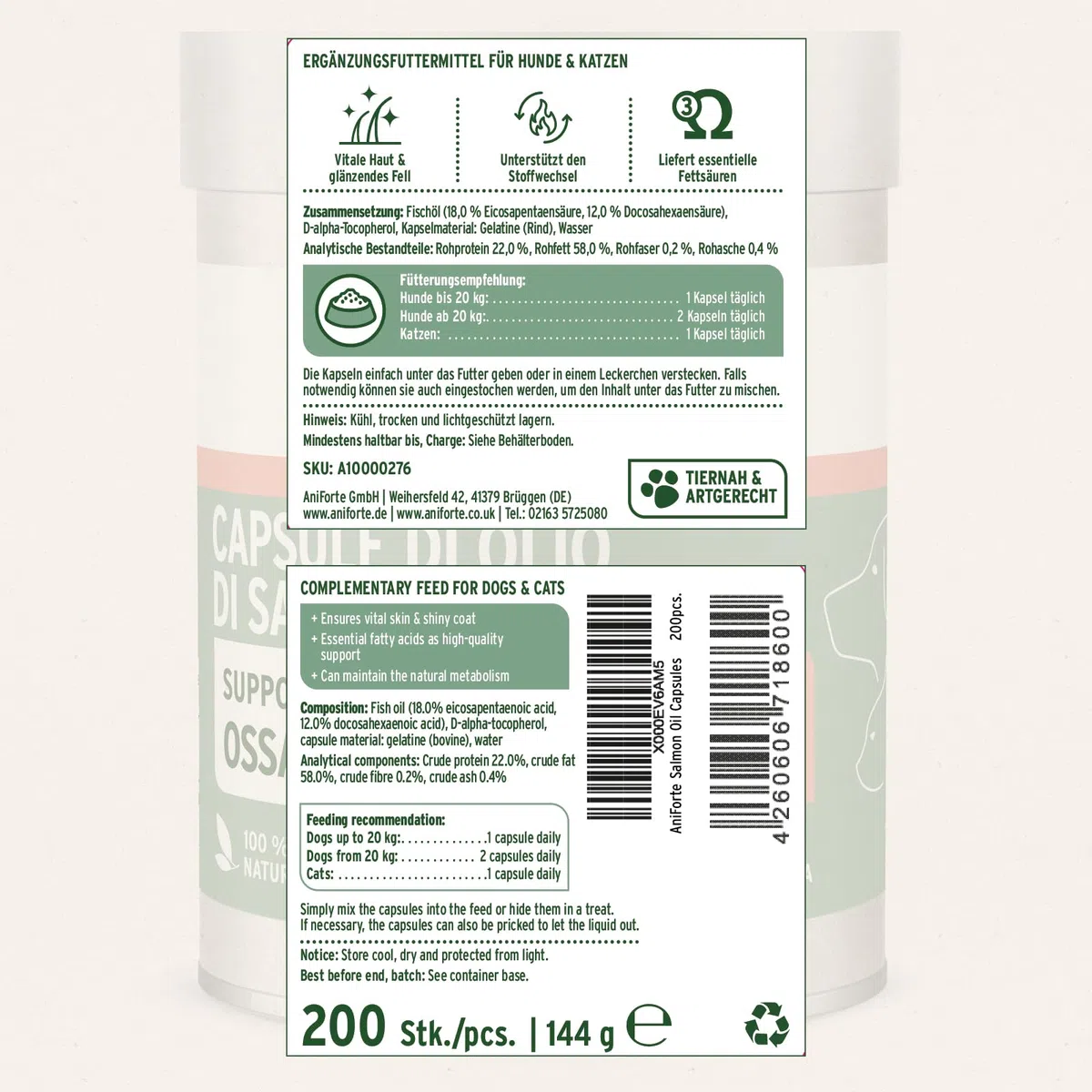 AniForte Omega-3 Capsule di olio di salmone per cani e gatti 200 Capsule - Natura pura, ottimizza il metabolismo, prezioso per la formazione delle ossa, la costituzione e il mantello lucido