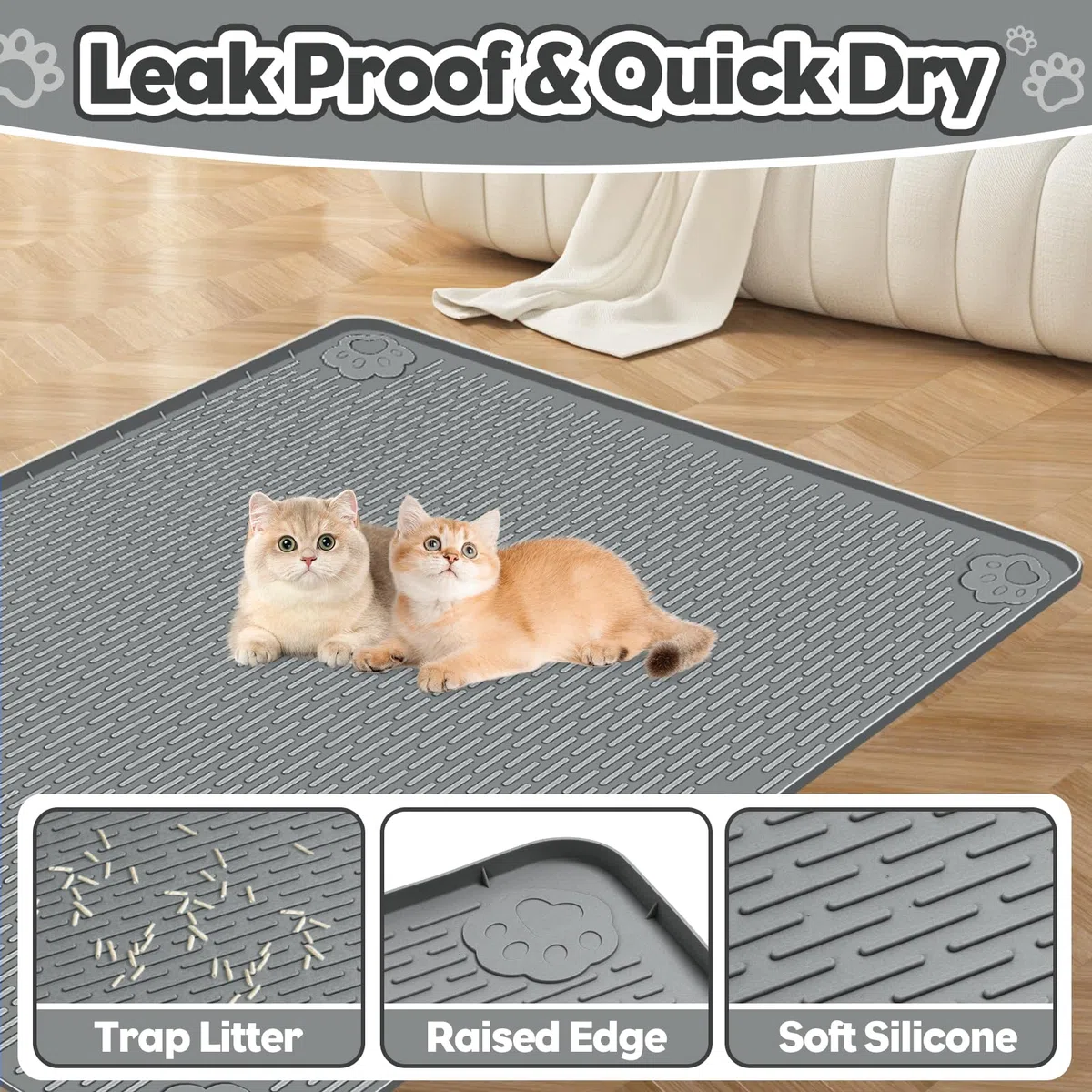 Tappetino Lettiera Gatto, Tappetino per lettiera per Gatti in silicone extra large 40 "x 28" per il controllo a dispersione, morbido su zampe di gattino, facile da pulire (Grigio scuro)