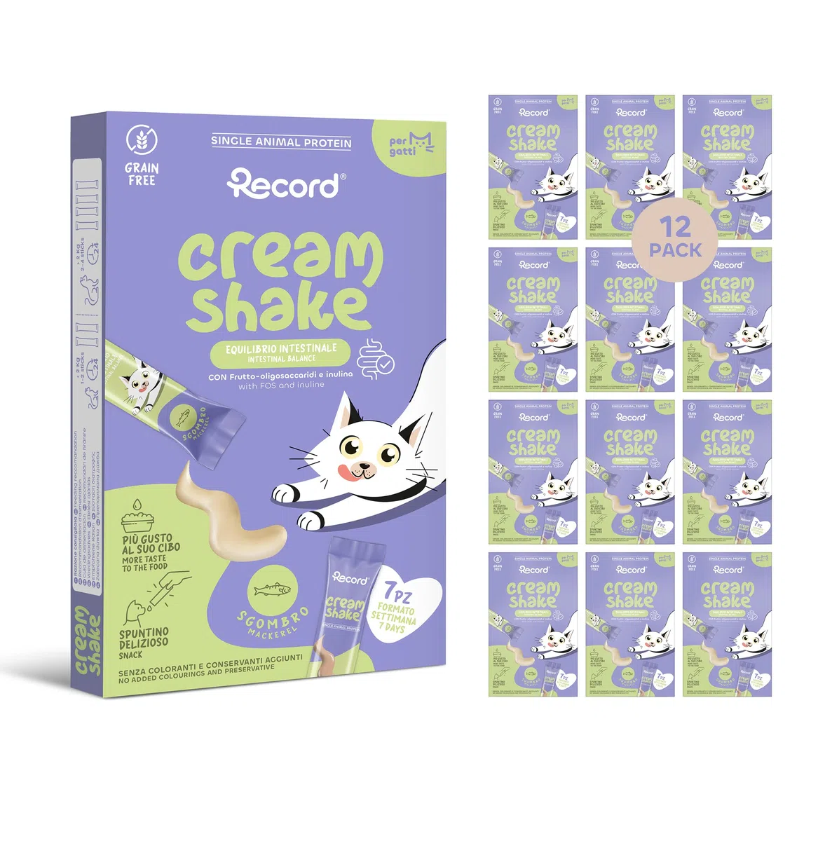 Record - Cream Shake Snack Cremoso per Gatti "Intestinal Care" al Sgombro, 12 Pack (7 Stick da 12 g). Monoproteico, con FOS e Inulina, Anti Boli di Pelo per sostenere la funzionalità intestinale