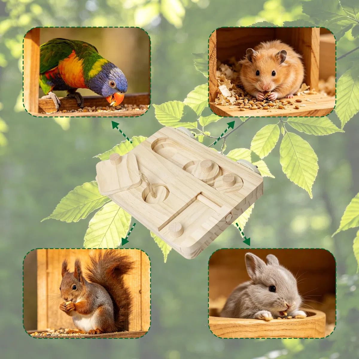 Giocattolo Interattivo per Pappagalli, Giocattolo in Legno per Criceti 6 in 1, Giocattoli per Roditori, Giocattoli Puzzle per Foraggiare in Legno per Pappagalli, Adatto ad Uccelli, Criceti e Simili