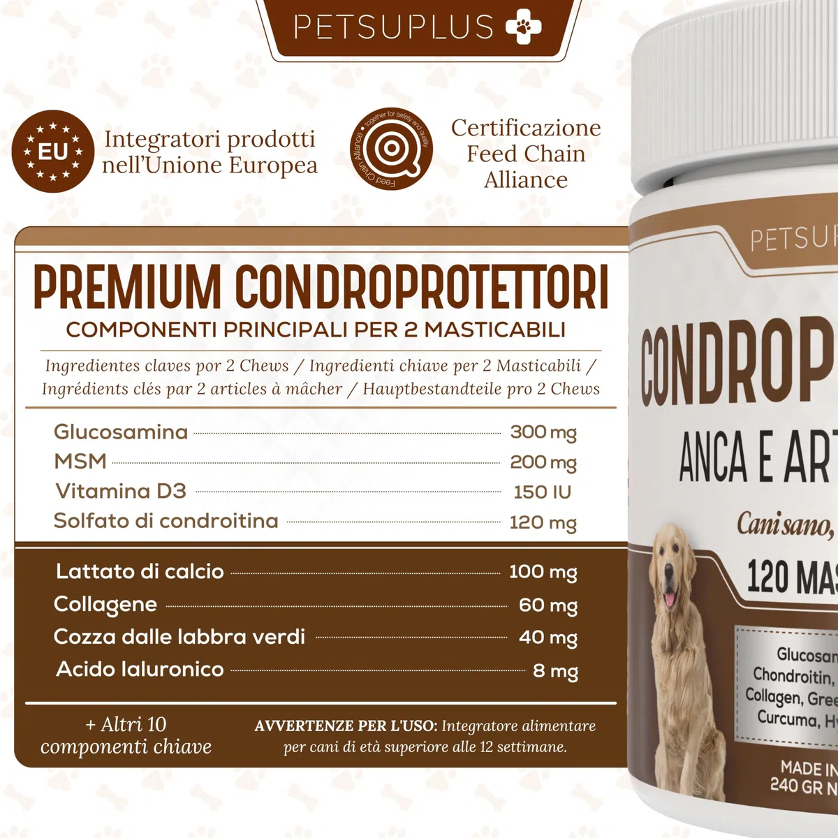 Joint Care Cani Articolazioni - Integratore Articolazioni Cane - Condroprotettori - Condroitina e Glucosamina, MSM, Collagene e Acido Ialuronico -120 Masticabili