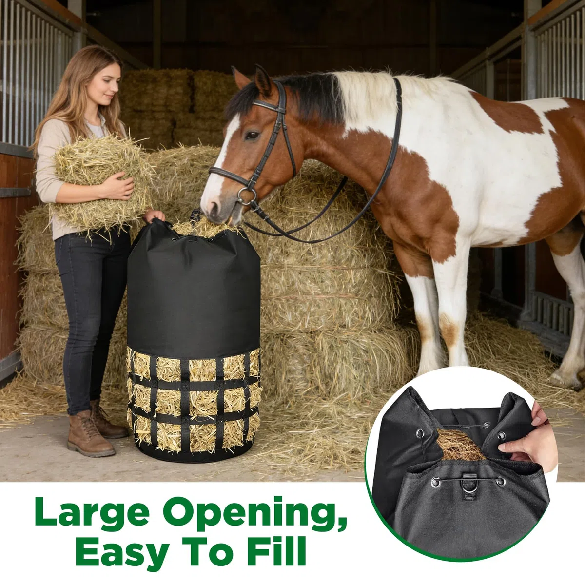 Rete da fieno a maglia stretta per cavalli, zaino XXL di alta qualità, con 10 kg di peso e maglie di 6,5 cm di larghezza, estremamente robusta per stalla, paddock e trasporto, occupazione adatta e