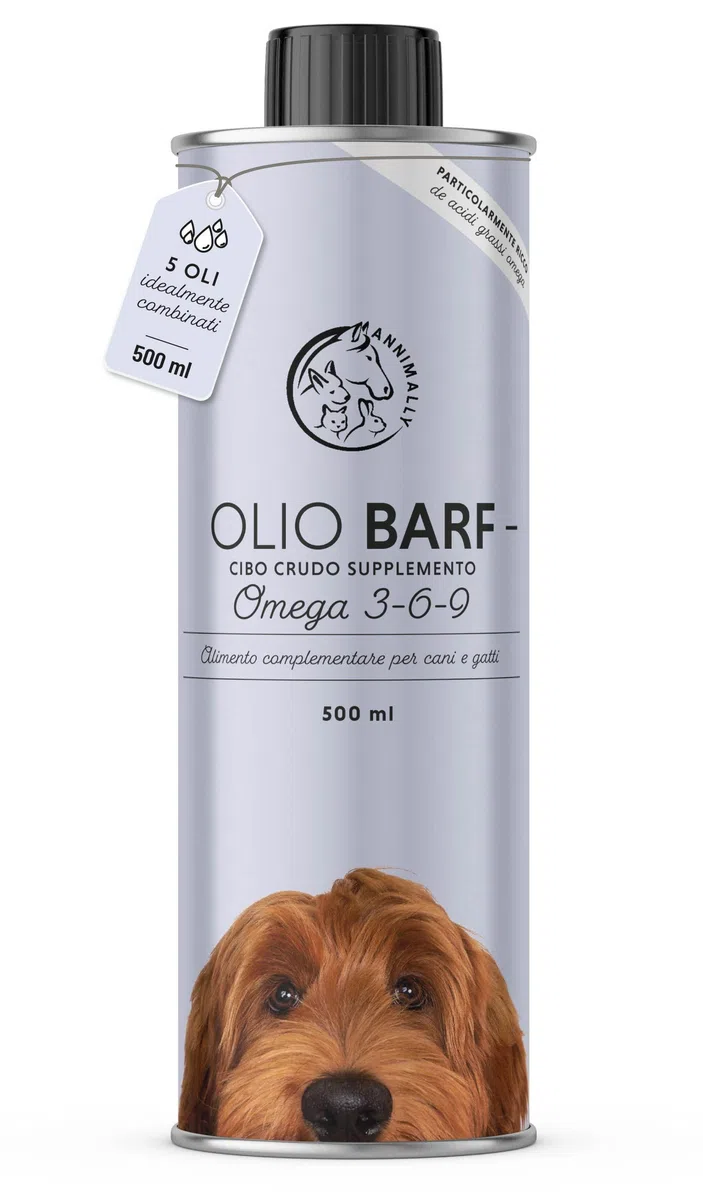 Olio BARF per cani 500 ml Olio Barf con Omega 3-6-9 composto da: olio di salmone, olio di colza, olio di canapa e olio di borragine - olio per alimentazione canina da utilizzare come condimento