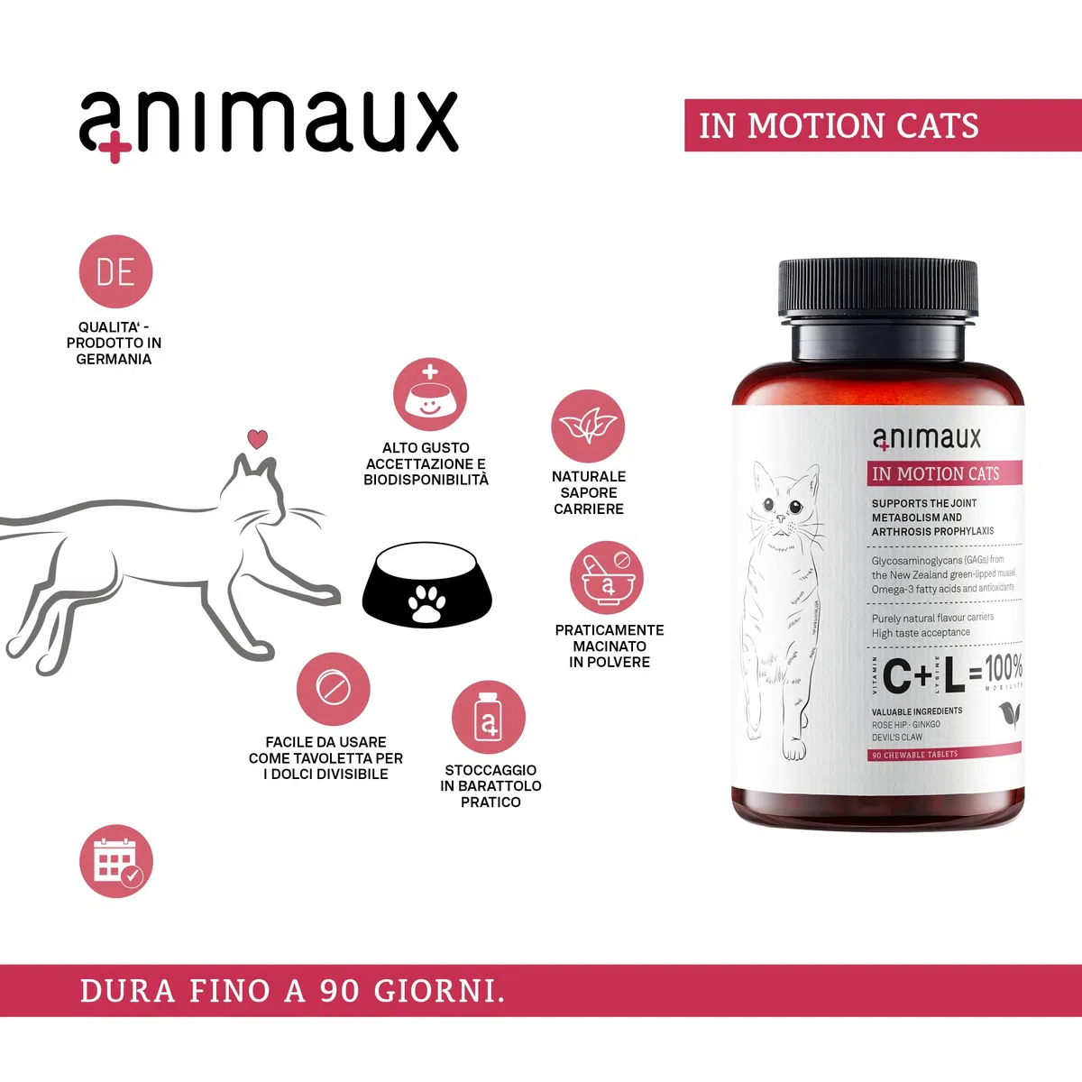 animaux In Motion Cats - Integratore Alimentare per Gatti per Ossa, articolazioni e cartilagini - 60 compresse masticabili - con cozza dalle Labbra Verdi, Artiglio del Diavolo collagene