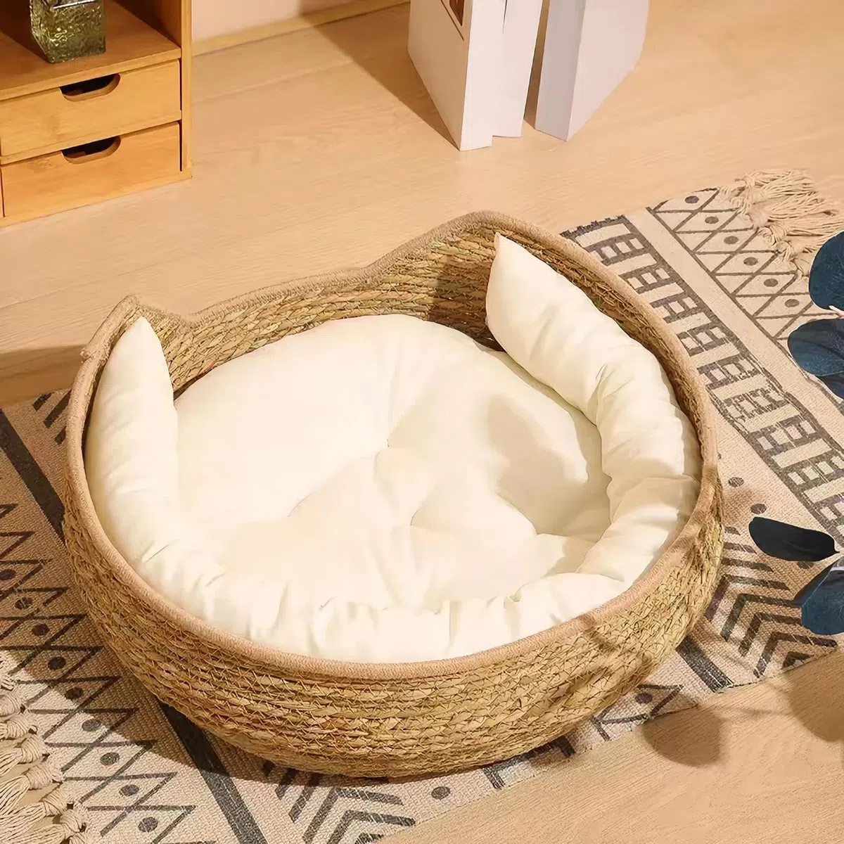 Cuccia per gatti in rattan, 35 cm, rotonda, in rattan fatto a mano, con in cotone, per tutte le stagioni