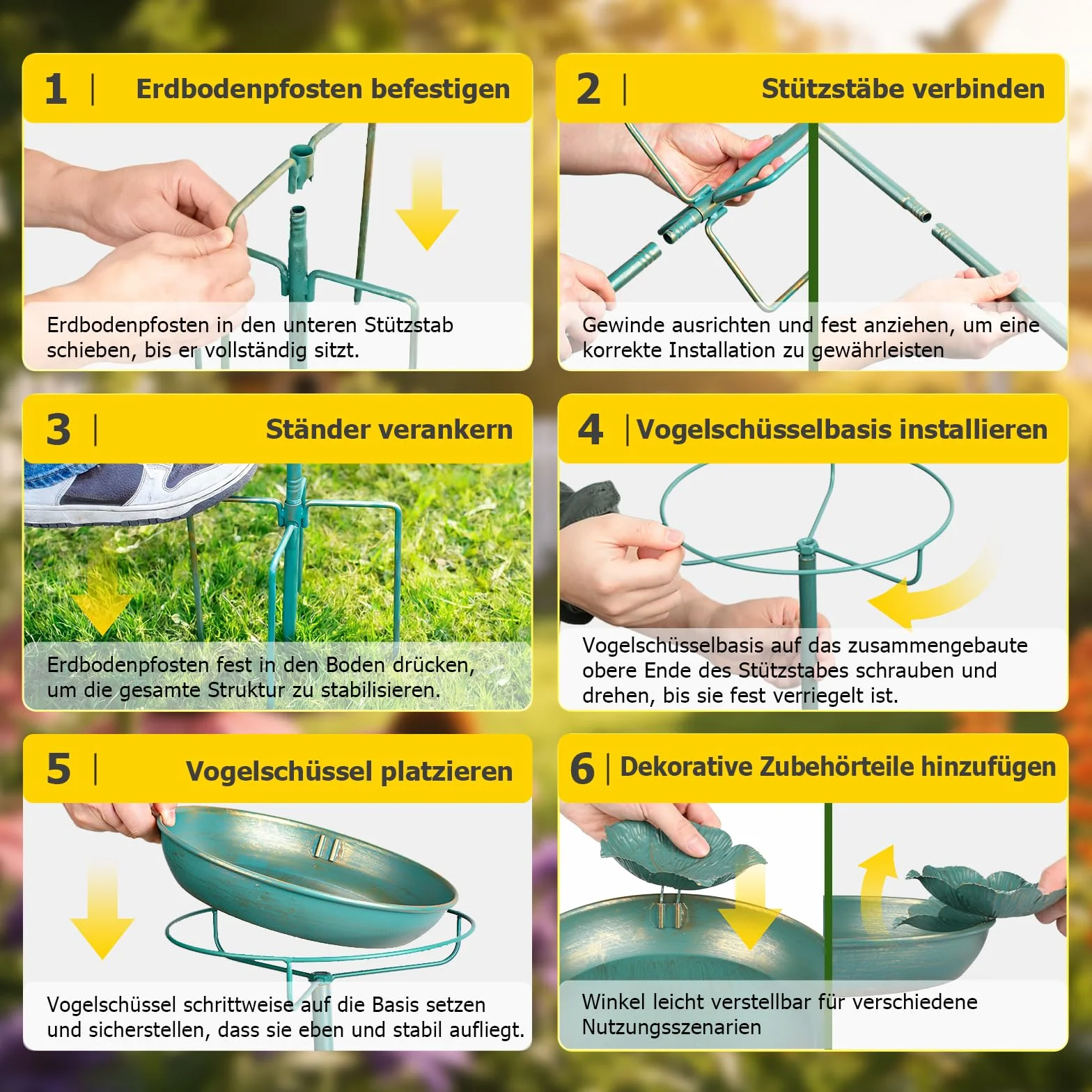 Mellbree Abbeveratoio per uccelli in piedi, 25 cm, grande bagno per uccelli con asta di seduta, multifunzionale per giardino, abbeveratoio per uccelli in metallo blu mare con decorazione dorata