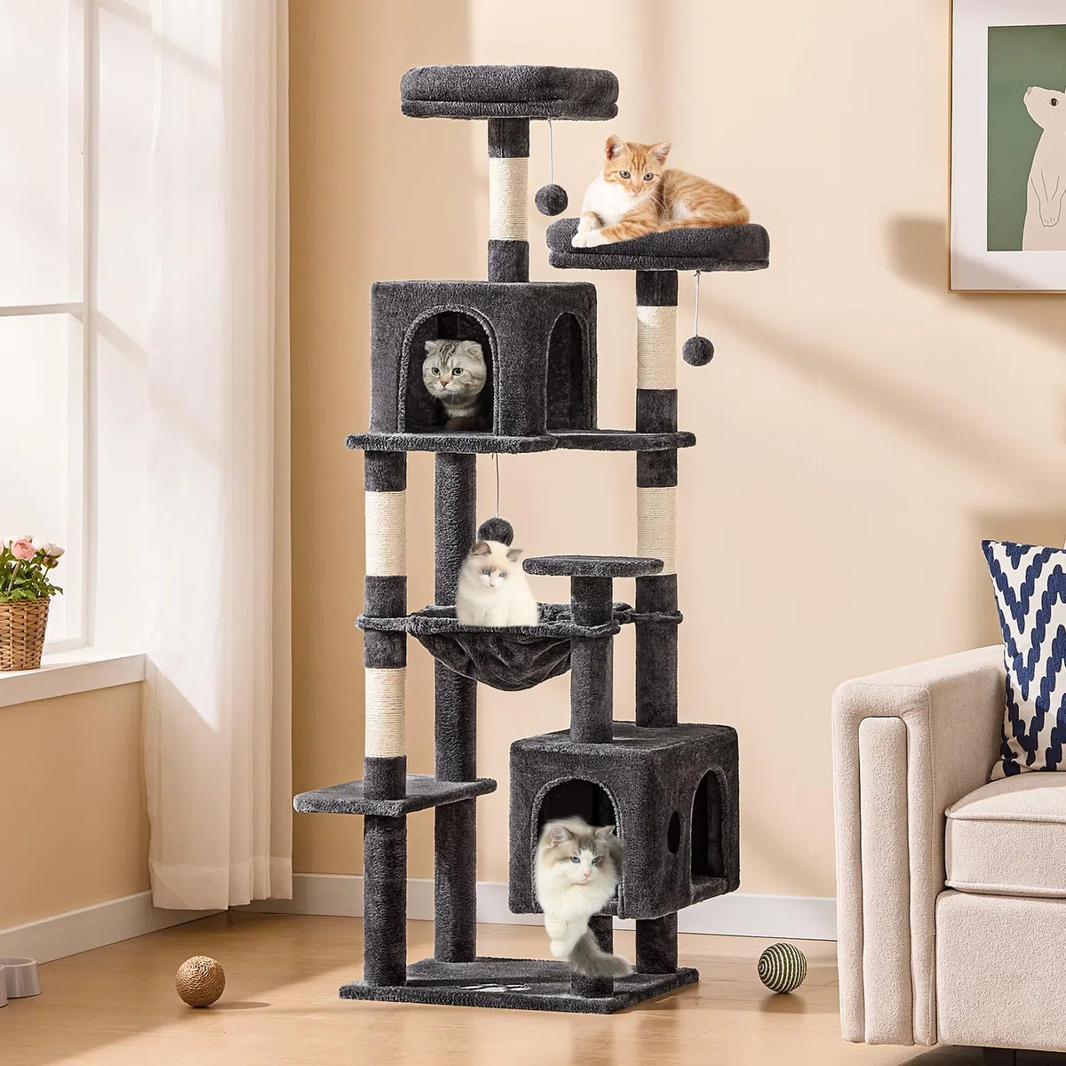 MSmask Tiragraffi grande, L albero per gatti stabile, con 2 piattaforme, 2 grotte per gatti, amaca, colonne in sisal, albero da arrampicata a più piani per gatti (grigio scuro, 160 cm)