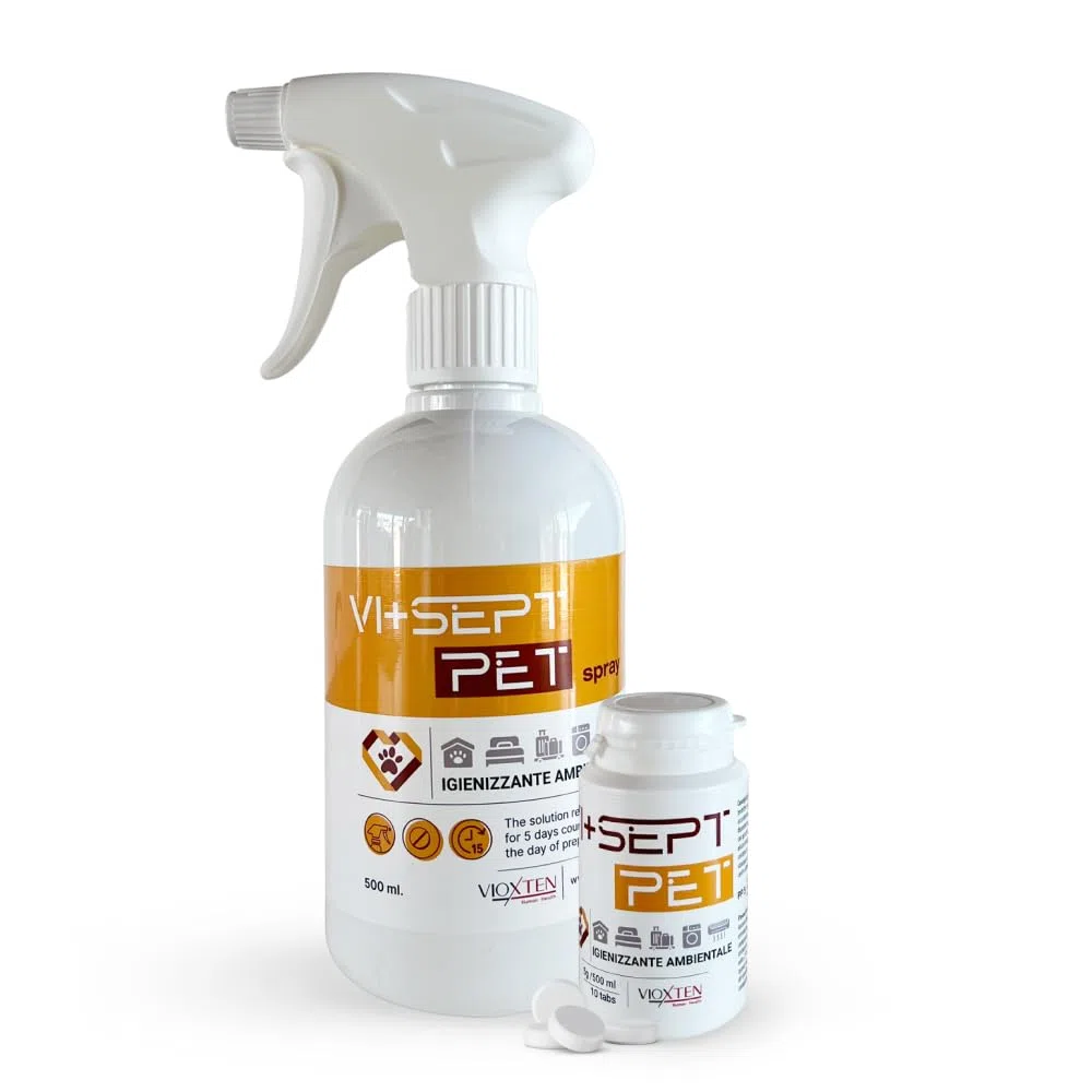 VI+Sept Pet. 10/50 compresse per 5g, nebulizzatore 500 ml. Igienizzante per allevamenti e Ambienti Domestici. Inodore • assorbe Gli odori • Testato su Tigna, parvovirus e allergeni. (10 compresse)