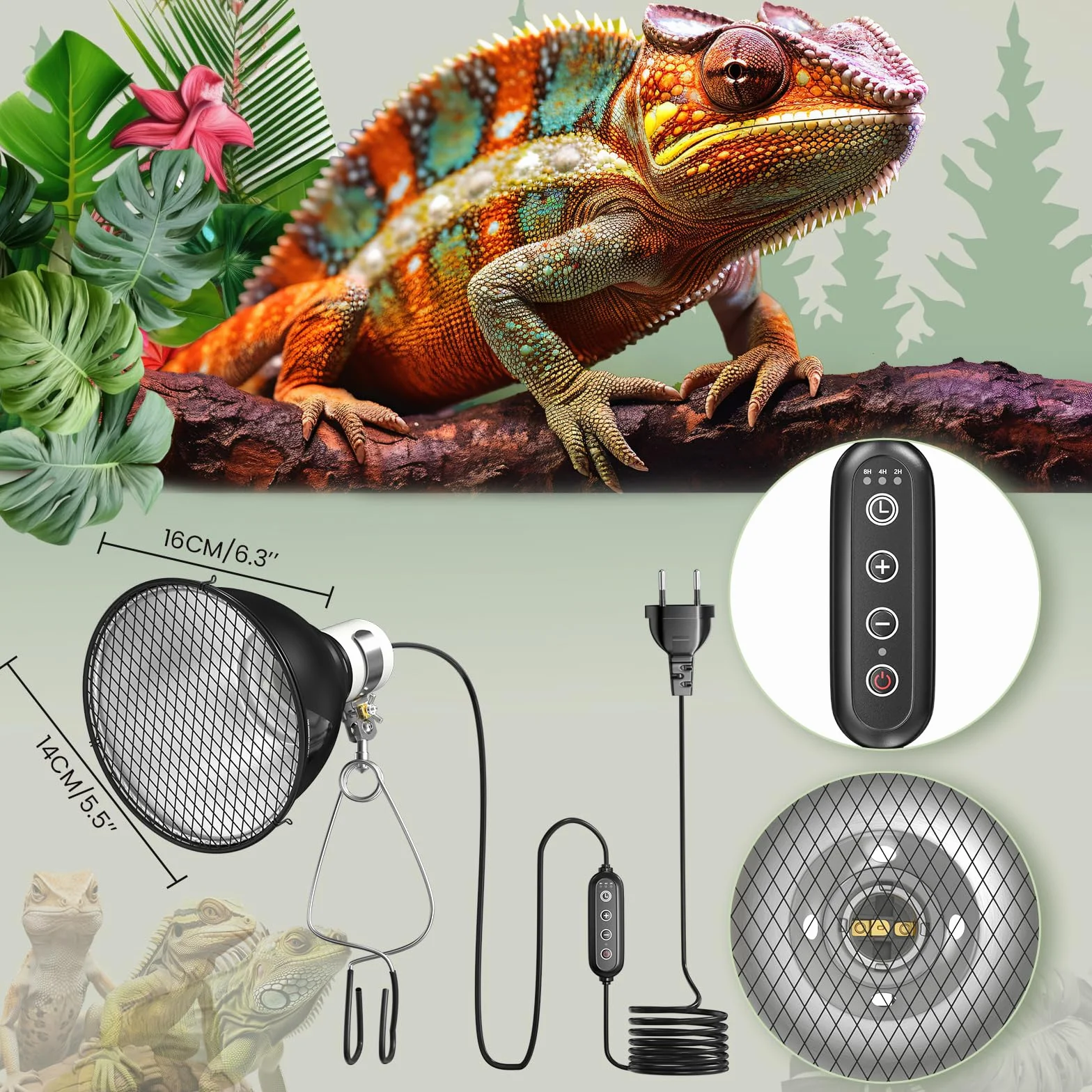 GlowUp Portalampada Riscaldante con Timer e Dimmer per Tartarughe e Rettili, Riflettore E27 100W per Lampadine UVA/UVB e Infrarossi (Senza lampadina)