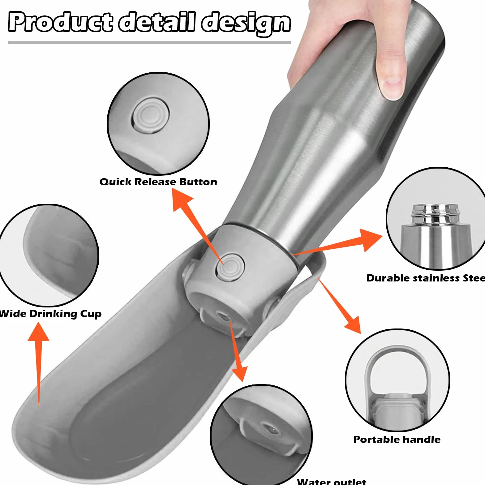 Borraccia Cane Portatile, 750ml Borraccia per Cani Antigoccia con Ciotola, Acciaio Inox Dispenser Acqua per Passeggiate Viaggi, Ciotole per Cani da Viaggio, Grigio
