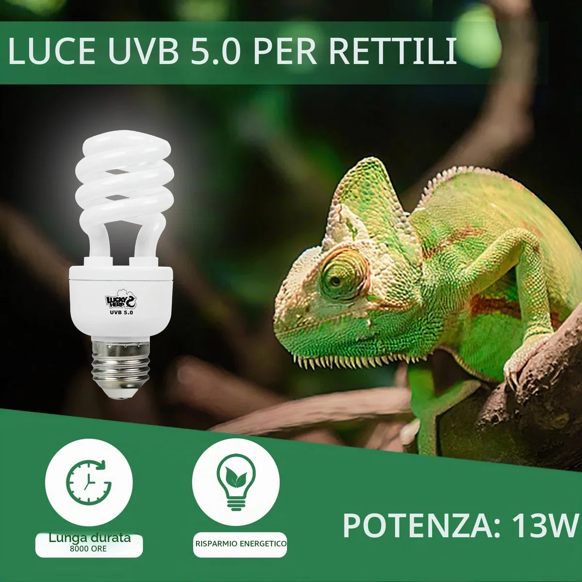 LUCKY HERP UVB terrario, lampada rettile UVA e UVB 150 E27 13 W UVB 5.0, adatta per tartarughe, polli, cani, gabbiani e altri anfibi e rettili