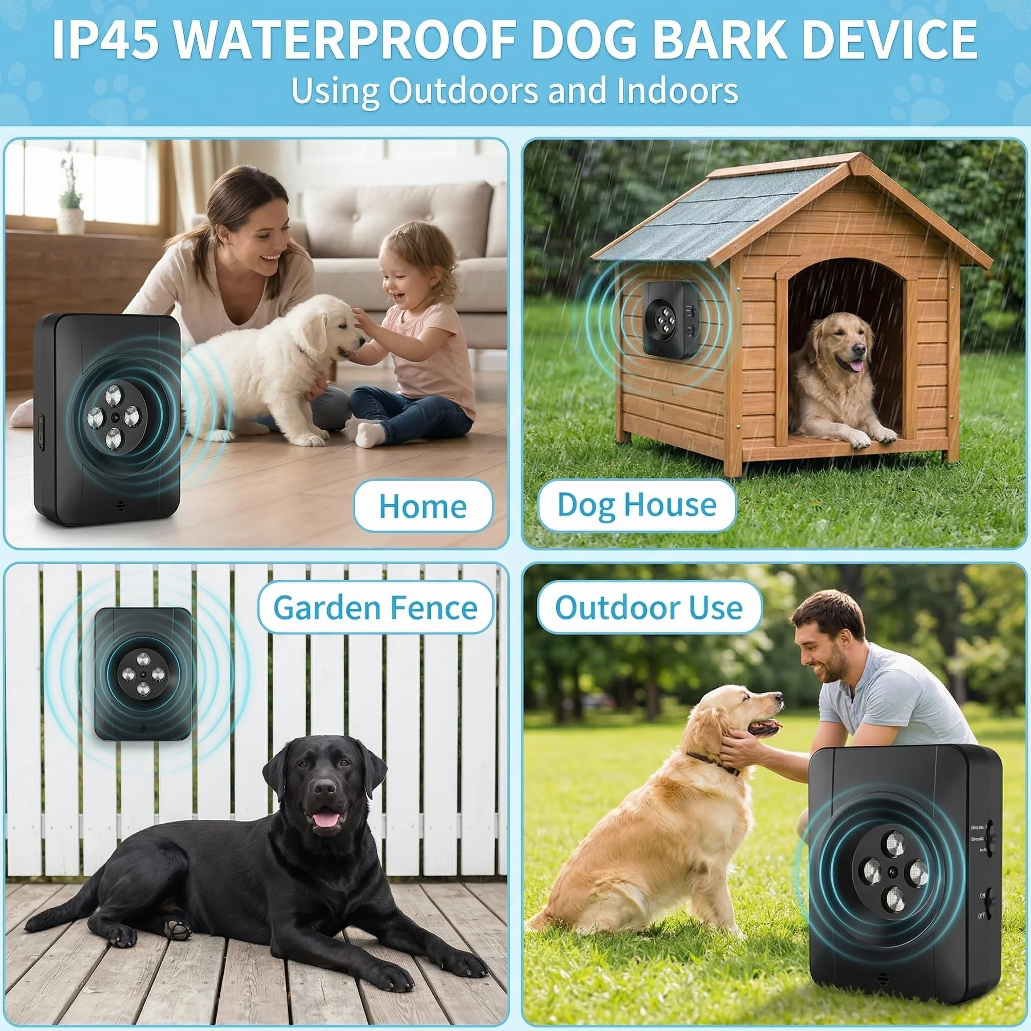 Dispositivo Antiabbaio per Cani, Automatico Dispositivo antiabbaio a ultrasuoni per cani di piccola grande taglia, IP45 Impermeabile & 33FT Dispositivo antiabbaio contro i cani dei vicini (Nero)