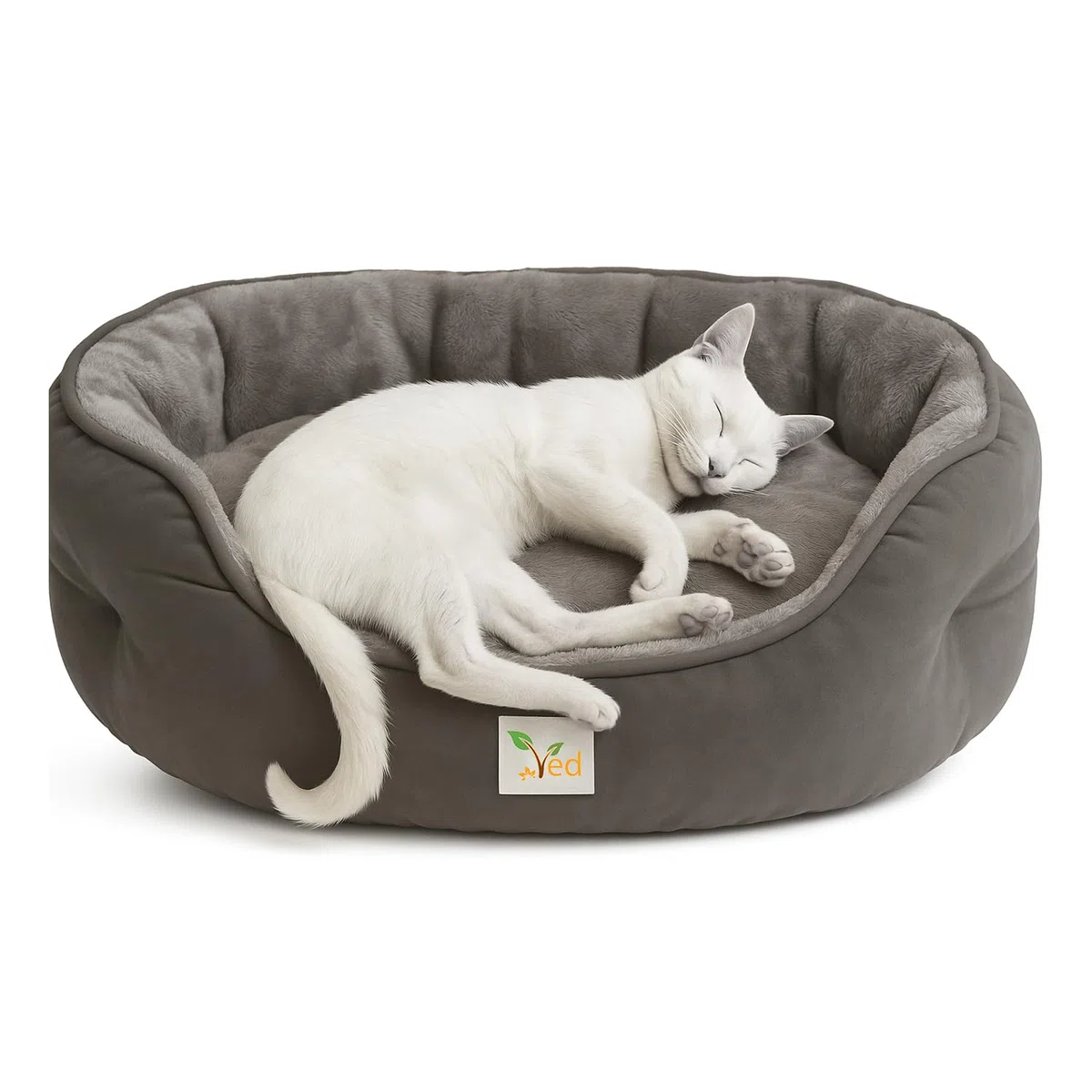 Ved Soft Cat Bed Cuccia rotonda lavabile per gatti e gattini da interno, cuscino reversibile, base antiscivolo, grigio, (51 x 48 x 15 cm (L x W x H))