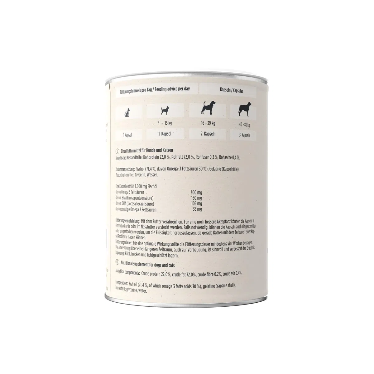 Omega-3 capsule per cani e gatti | ad alto dosaggio con 1.000 mg di olio di pesce puro per capsula | Alto contenuto di acidi grassi EPA e DHA | Senza PCB | Senza additivi, 120 capsule | Produzione
