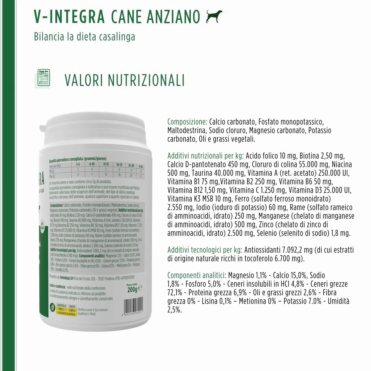 V-INTEGRA Cane Anziano 200g, Integratore Completo Ricco di Vitamine e Minerali per Dieta Casalinga e BARF, V Integra Multivitaminico Cane, Made in Italy