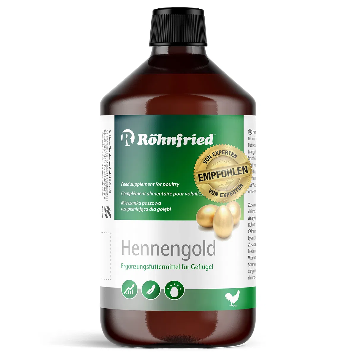 Röhnfried Hennengold Integratore Alimentare (1000 ml) con minerali e Calcio per polli additivo per Acqua Potabile Contro Le Uova rotte e per Aiutare la Muta, mangime per Allevamento