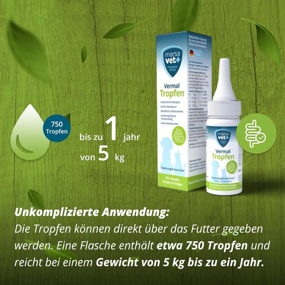 marsavet+ Vermal Gocce 50 ml – Soluzione Naturale per Ambiente Intestinale Sfavorevole ai Vermi, Aiuta Contro Giardia, Rimedio per Vermi e Parassiti Intestinali per Cani, Gatti e Roditori