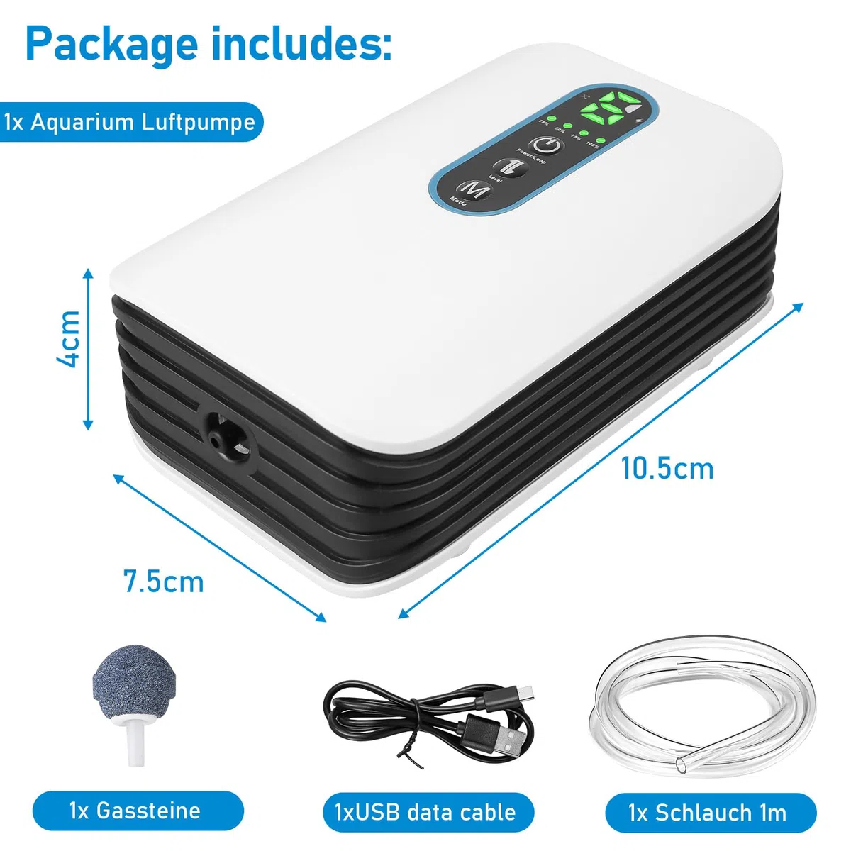 Pompa ad aria per acquario, pompa ad ossigeno 2600 mAh, batteria 3 l/min, flusso d'aria regolabile in 6 livelli, ultra silenziosa USB per acquari, laghetti da giardino, attività di pesca all'aperto