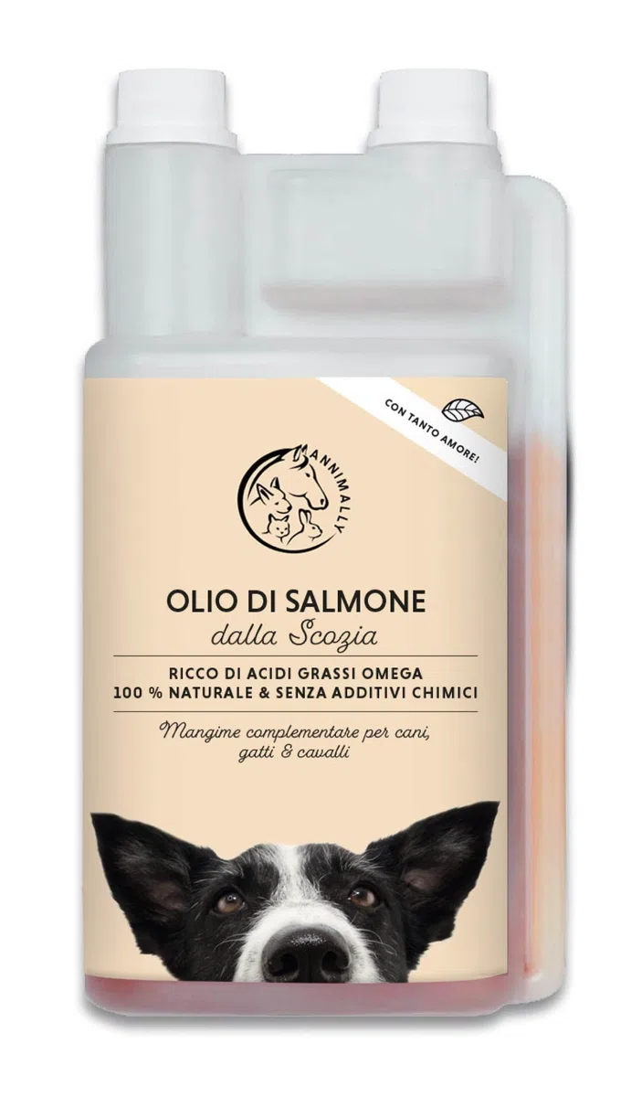 Annimally Olio di Salmone Scozzese per Cani, Gatti e Cavalli 1 Litro - Con il 30% di Acidi Grassi Omega 3 e 6 - Olio di Pesce per Dieta BARF - Prodotto Naturale Puro
