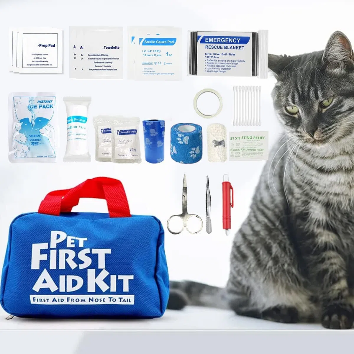 FMJI Kit di Pronto Soccorso per Animali Domestici per Cani e Gatti, 63 Pezzi Borsa di Sopravvivenza di Emergenza per Animali Domestici per Escursioni all'aperto Campeggio Emergencie