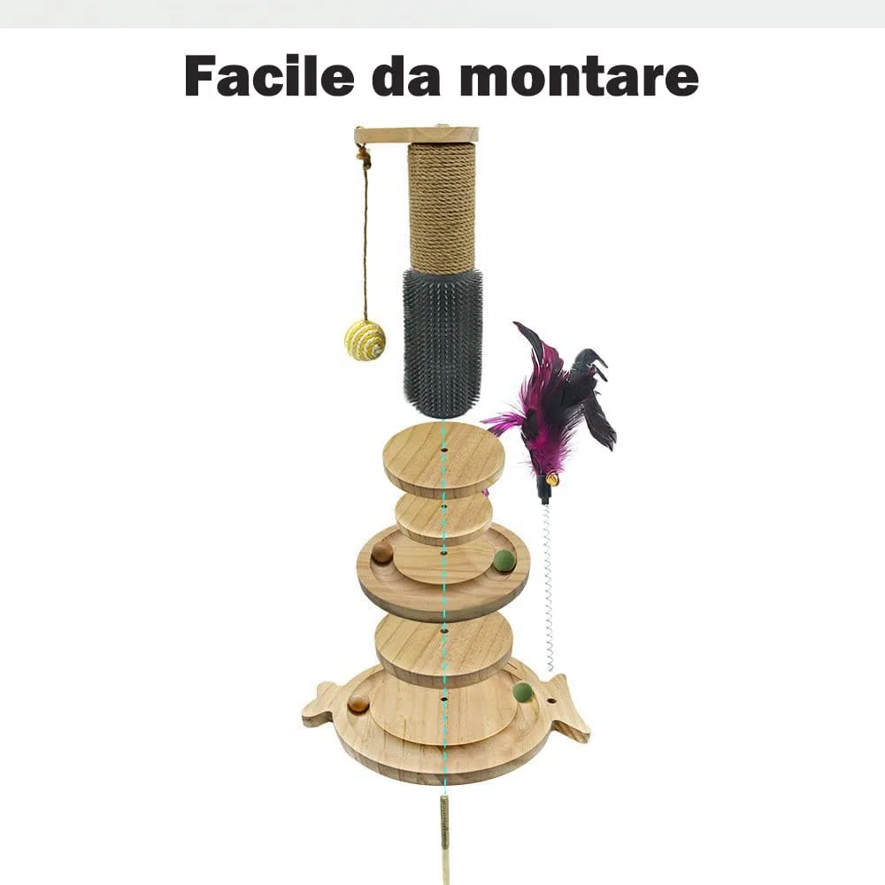 Marchul 5 in 1 Giocattolo per Gatti: Tiragraffi per Gatti in Sisal con Pettine in Silicone, Torre Giocattolo con Palla Appesa e Palla Interattiva con Piuma Elastica per Giocare al Chiuso