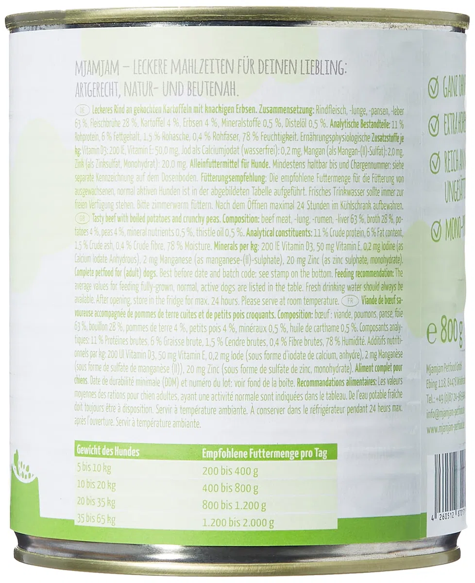 MjAMjAM - cibo umido premium per cani - delizioso manzo su patate bollite con piselli croccanti, confezione da 6 (6 x 800 g), naturale con carne extra