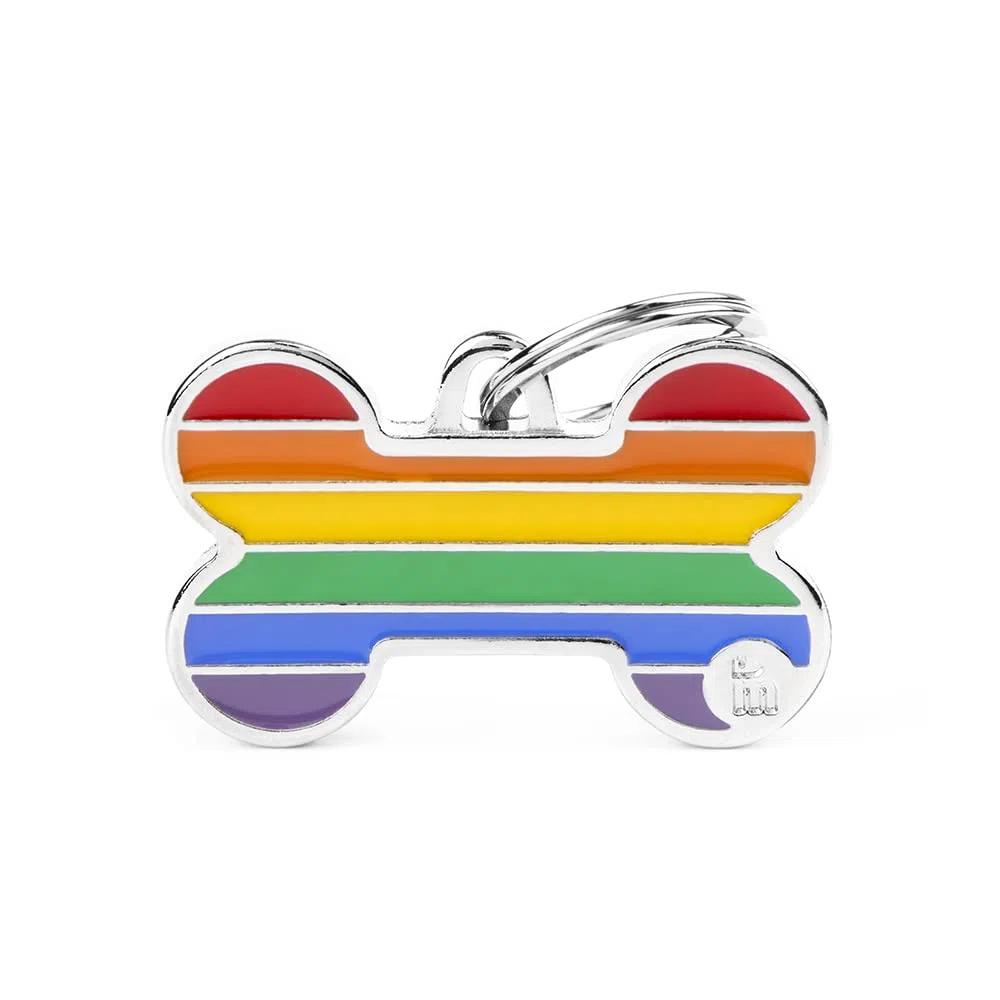 MyFamily Medaglietta per Cane Personalizzata Made in Italy, Osso Grande, Targhetta Cane con Incisione Gratis, Smaltata a Mano in Metallo, Collezione Rainbow