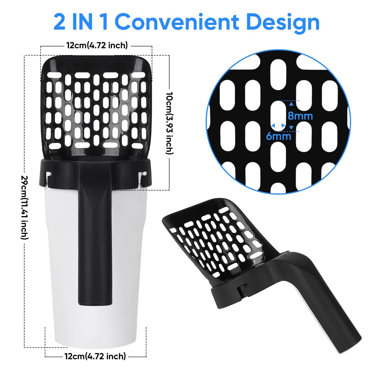 2 in 1 Paletta per Lettiera Gatto con Contenitore, MYPIN Paletta con Sacchetto per Lettiera gatti, Portatile Cucchiaio per Lettiera Gatti con 120 Sacchetto Grande Capacità（nero）
