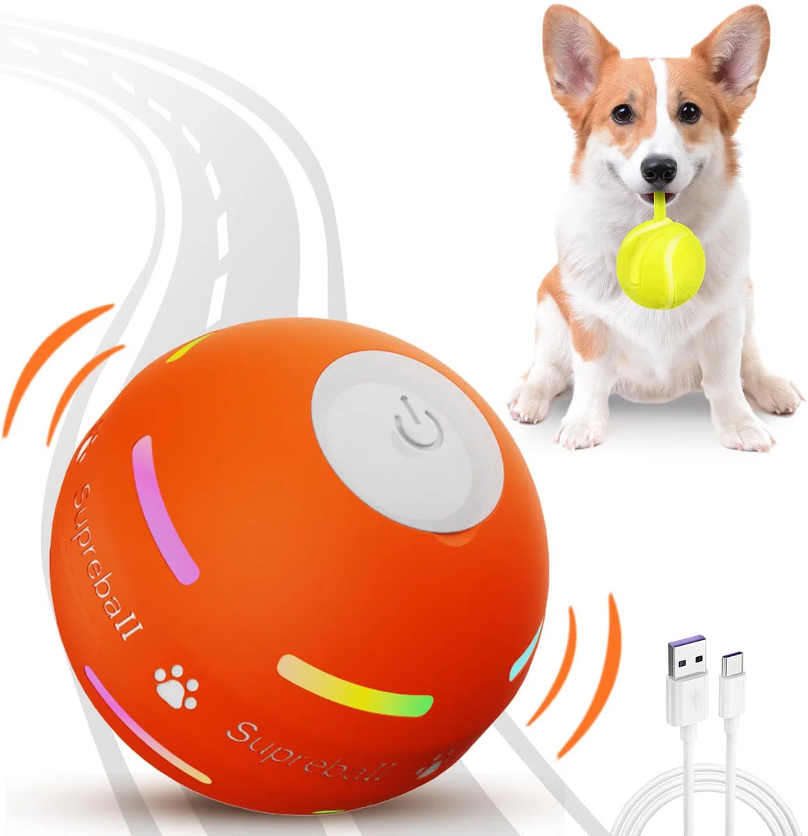 Petiepaw Palla per cani interattiva, durevole palla rotante automatica per cuccioli/cani di taglia piccola/media, ricaricabile tramite USB (arancione)