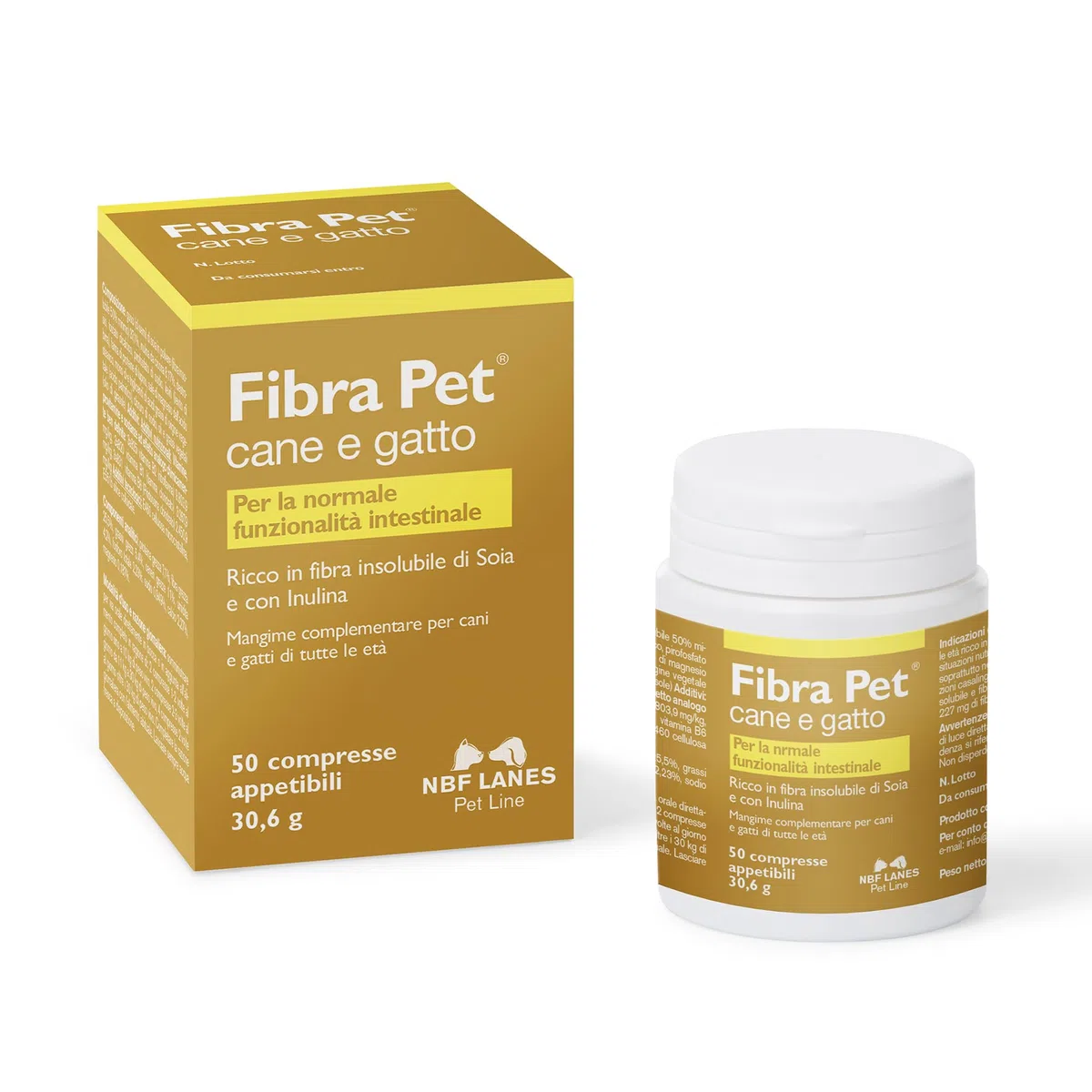 NBF Lanes | Fibra Pet Cane e Gatto, 50 Compresse Appetibili, per la Normale Funzionalità Intestinale