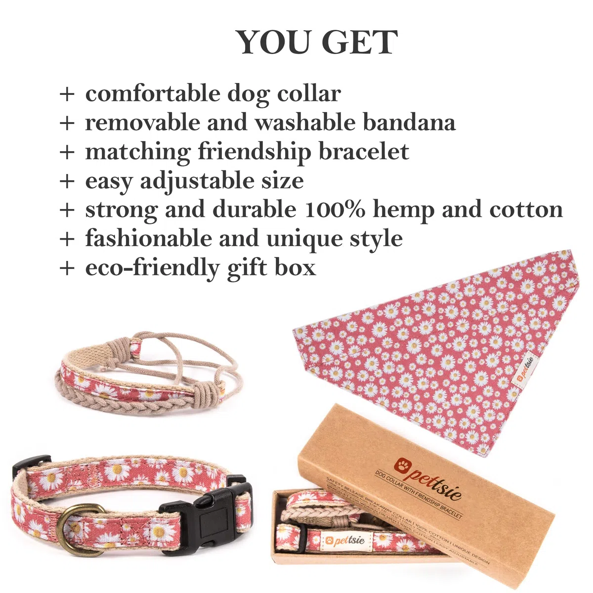 Pettsie collare per cani, bandana e braccialetto dell'amicizia, confezione regalo inclusa, canapa resistente, anello a D per un facile fissaggio del guinzaglio (S, rosa)