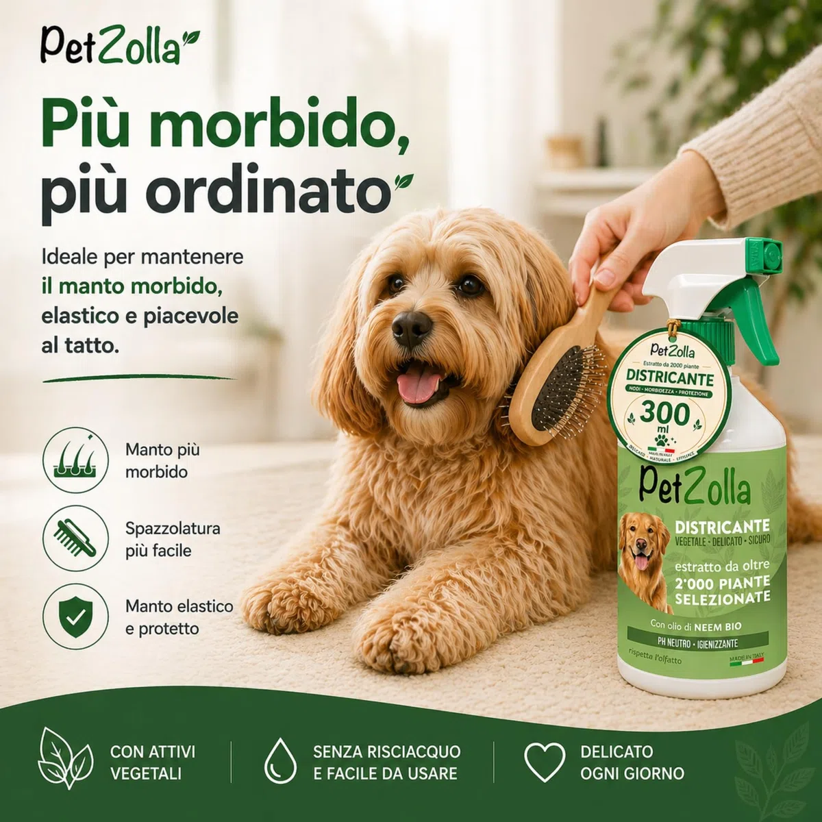 Spray districante sciogli nodi pelo cane 300 ml, Districante Pelo Cane con Olio di Neem Bio, Argan e Timo, protegge nutre ed igienizza, delicato ed efficacie, Made in Italy