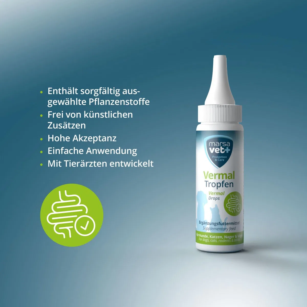 marsavet+ Vermal Gocce 50 ml – Soluzione Naturale per Ambiente Intestinale Sfavorevole ai Vermi, Aiuta Contro Giardia, Rimedio per Vermi e Parassiti Intestinali per Cani, Gatti e Roditori