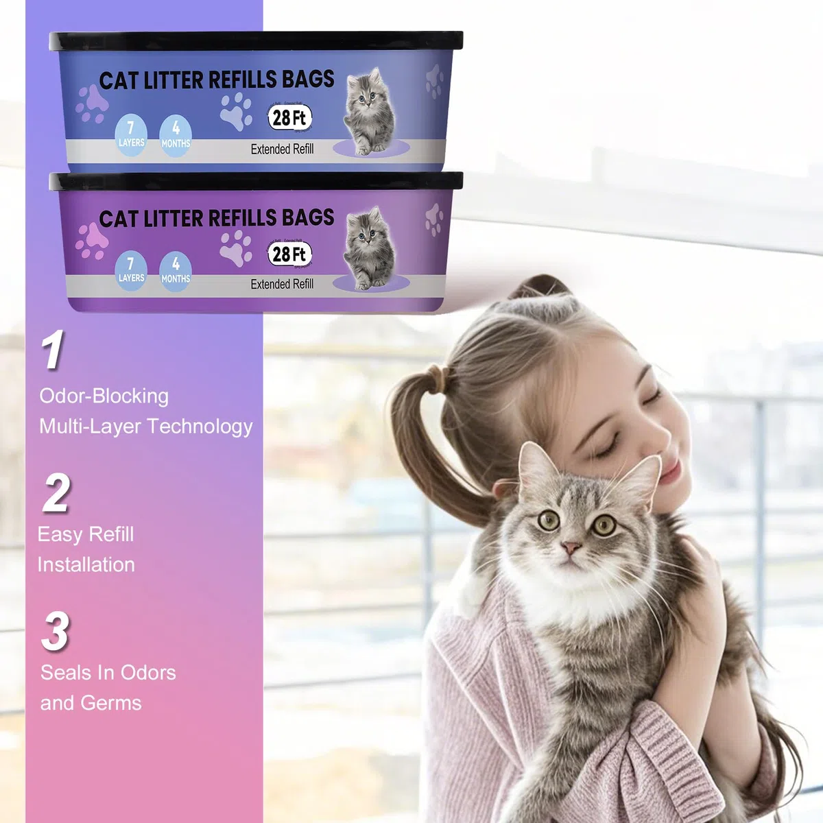 compatibili con i modelli Litter Genie Standard,Plus,XL e Style Box Refills,Controllo dell'odore super potente，Ricarica per Gatti，8,5 m per confezione, 2 ricariche