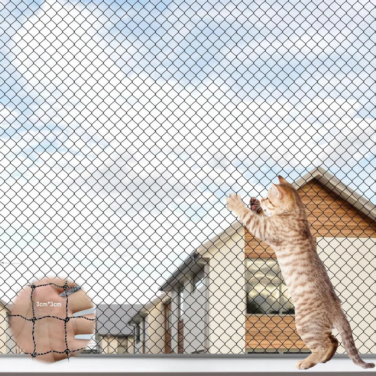 Rete per gatti per balcone, 6 x 3 m, rete per gatti rinforzata con filo rinforzato, rete per gatti con corda di fissaggio da 19 m e accessori, rete di protezione per gatti, per balconi, scale