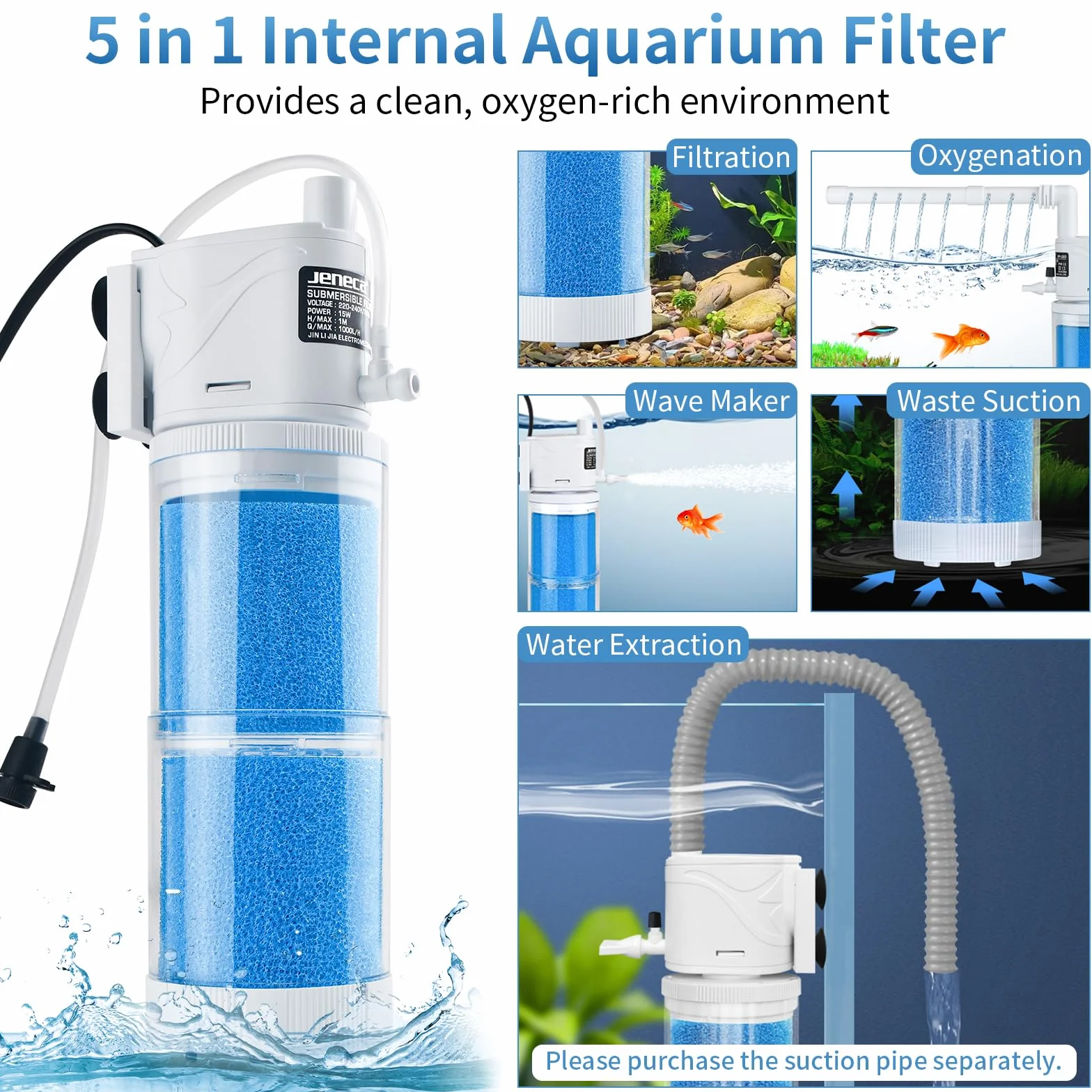 5 in 1 Filtro Acquario Tartarughe d'acqua 100 Litri 60 Litri Pompa Interno Piccolo Pompe Ricircolo Kit Water Filtri for Fish Tank con Spugne Filtro per 40L-150L Aquarium 15W Flusso Massimo di 1000L/H