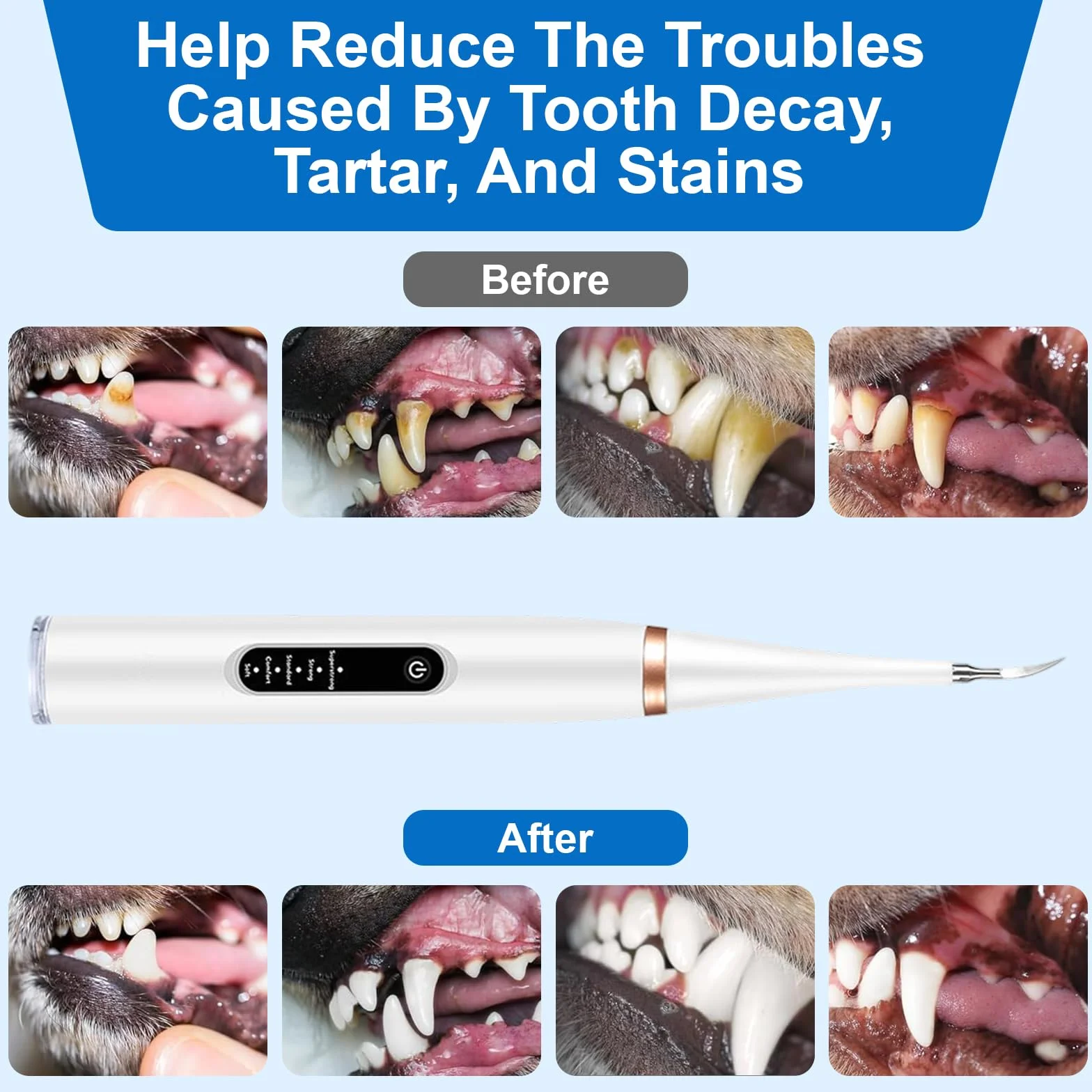 Pulitore Dentale a Ultrasuoni per Cani e Gatti Bianco – 5 Modalità con LED, Rilevamento Gengive, IPX7, Ricaricabile USB-C, Kit Completo