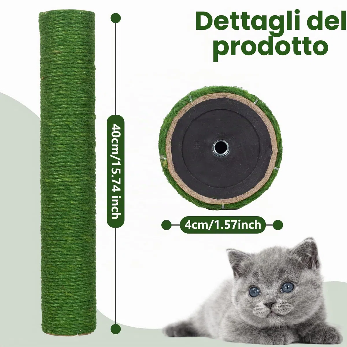 Tiragraffi di ricambio per gatti, Sisal, 40 cm, 2 pezzi M8 parti di ricambio per tiragraffi per la ristrutturazione, Bianco, viti incluse (Verde)