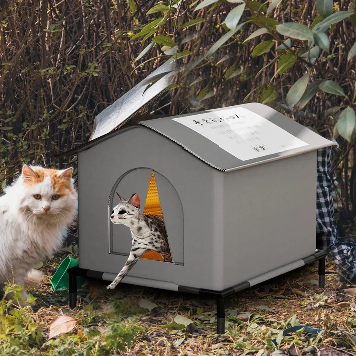 Cuccia Gatto Esterno Sollevata 7 cm con Tetto Inclinato, Casetta Isolata Resistente alla Pioggia con Tappetino, Rifugio Anti-Umidità per Gatti Randagi (40 * 33 * 33cm)