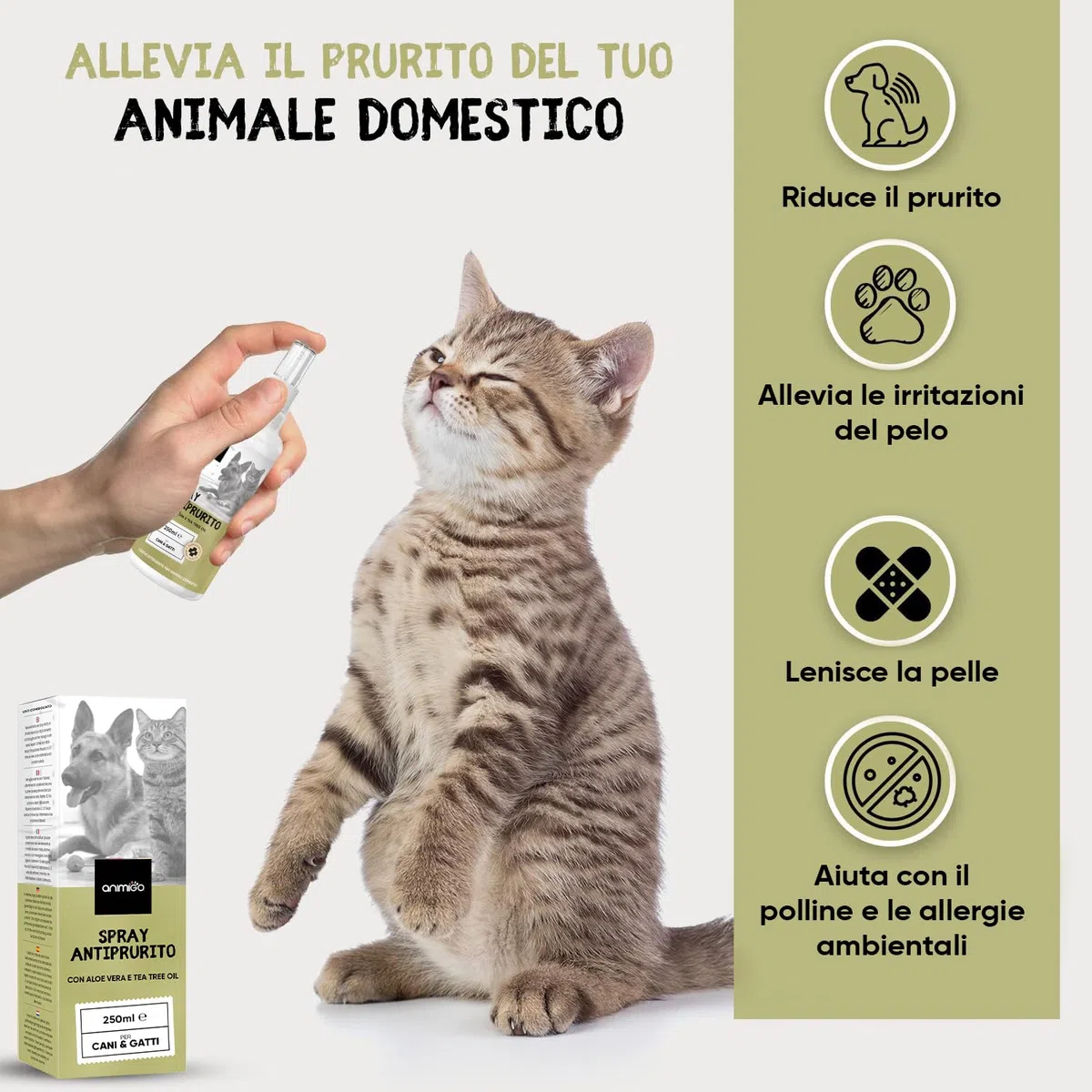 Spray Antiprurito per Dermatite Cane & Gatto 250ml, Spray Dermatite Cane Prurito, Rimedio Naturale per Prurito Cane e Gatto con Aloe Vera e Tea Tree Oil, Spray Antiprurito per Cani e Gatti Naturale