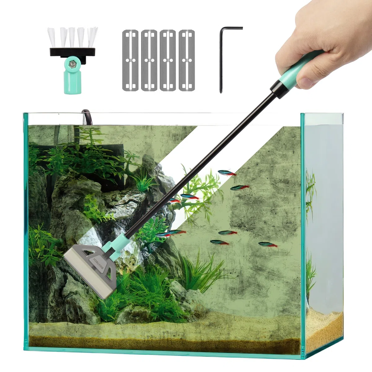 boxtech Raschietto anti-alghe, strumento di pulizia dell'acquario Kit - 5 lame in acciaio + spazzola, manico 50 cm per acquario in vetro