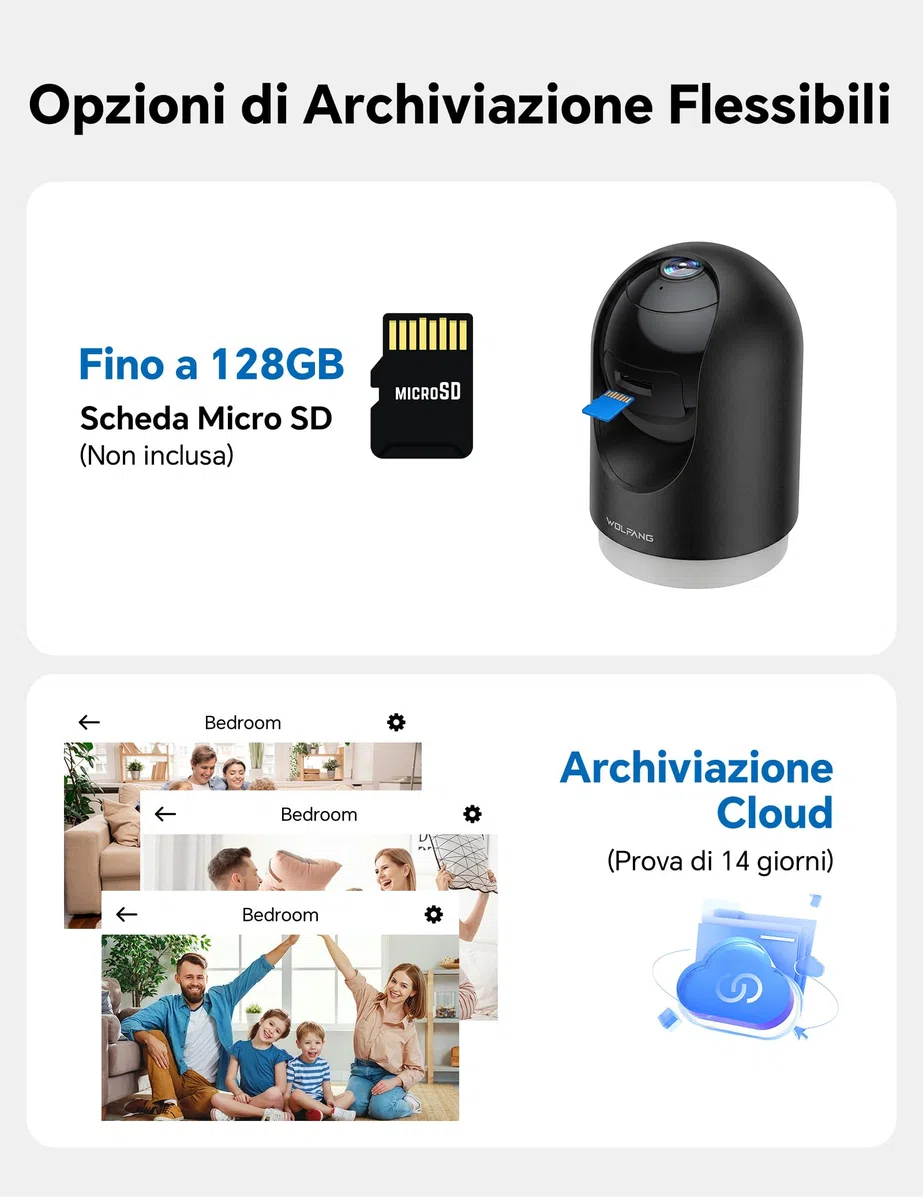 WOLFANG Telecamera Wi-Fi Interno 2K, Telecamera per Cani con Rilevamento Movimento e Visione Notturna, Baby Monitor con Audio Bidirezionale, Compatibile con Alexa/Google, Senza Canone Mensile, 2 Pezzi
