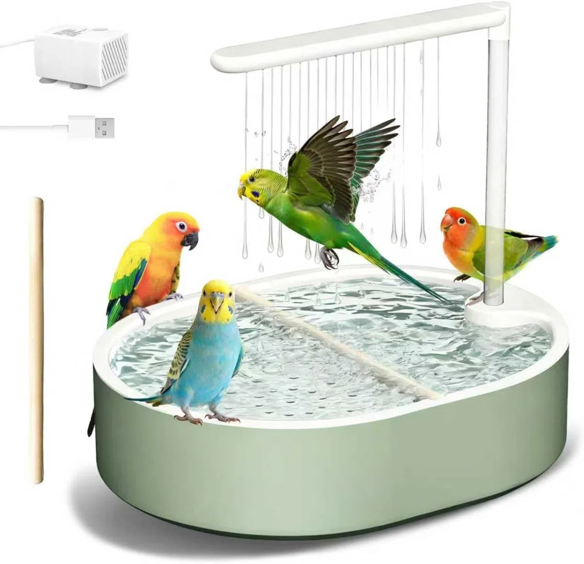 Doccia per Uccelli, Vasca da Bagno Automatica con Pompa USB e Acqua a Circolazione, Bagnetto per Gabbia con Multigetti per Cocorite, Calopsiti e Piccoli Pappagalli, Verde