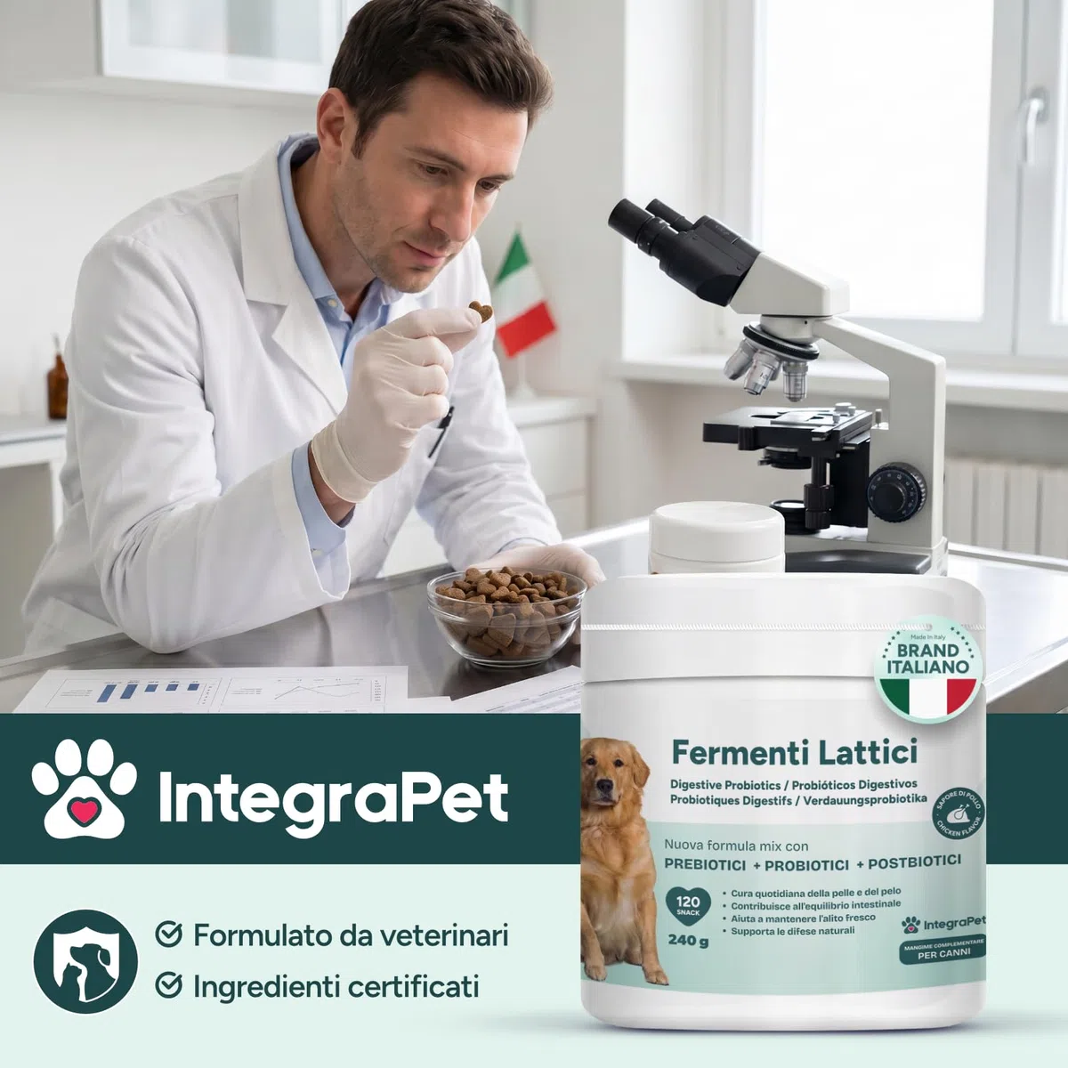 Probiotici Cane Prurito e Alito Cane – Probiotici e Prebiotici Digestivi Snack Naturali, 120 Masticabili Gusto Pollo, Prodotti per Cani per Benessere Intestinale e Pelle